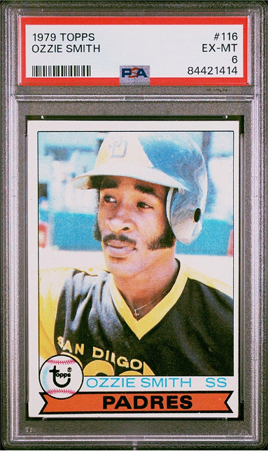 1979 Topps baseball card of Ozzie Smith in a Padres uniform, graded EX-MT by PSA.