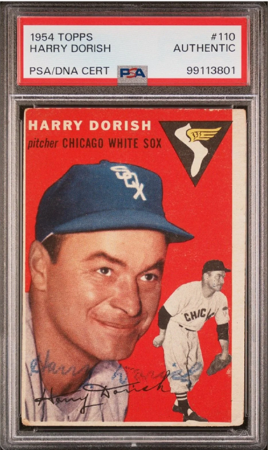 1954 Topps baseball card of Harry Dorish in a PSA holder. Red background, smiling player with cap.
