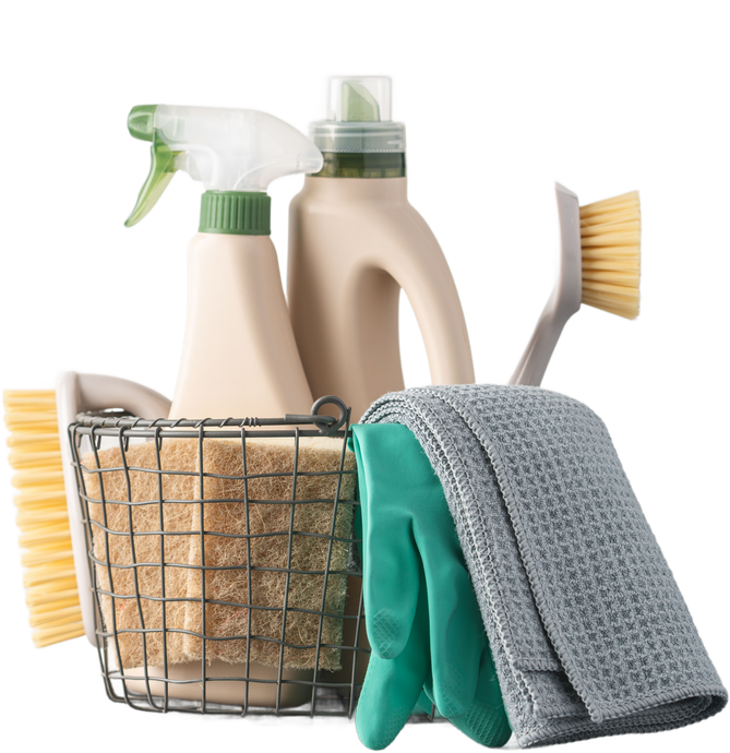 A basket filled with cleaning supplies including spray bottles and brushes
