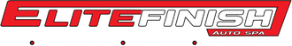 A red and white elite finish logo on a white background