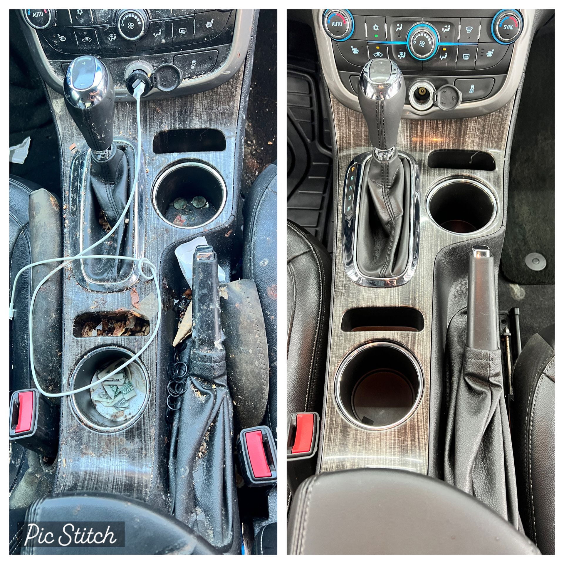 A before and after picture of the interior of a car.