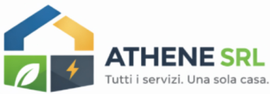 Logo for ATHENE SRL, featuring a house shape divided into colored sections with text 