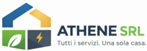 Logo for ATHENE SRL, featuring a house shape divided into colored sections with text 