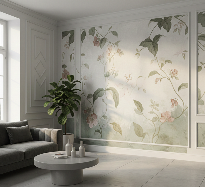 Soggiorno con murale floreale, divano grigio, tavolo rotondo, pianta in vaso e finestra.