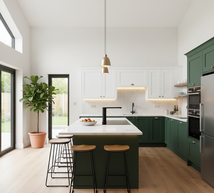 Cucina moderna con mobili verdi e bianchi, isola e pavimento in legno.
