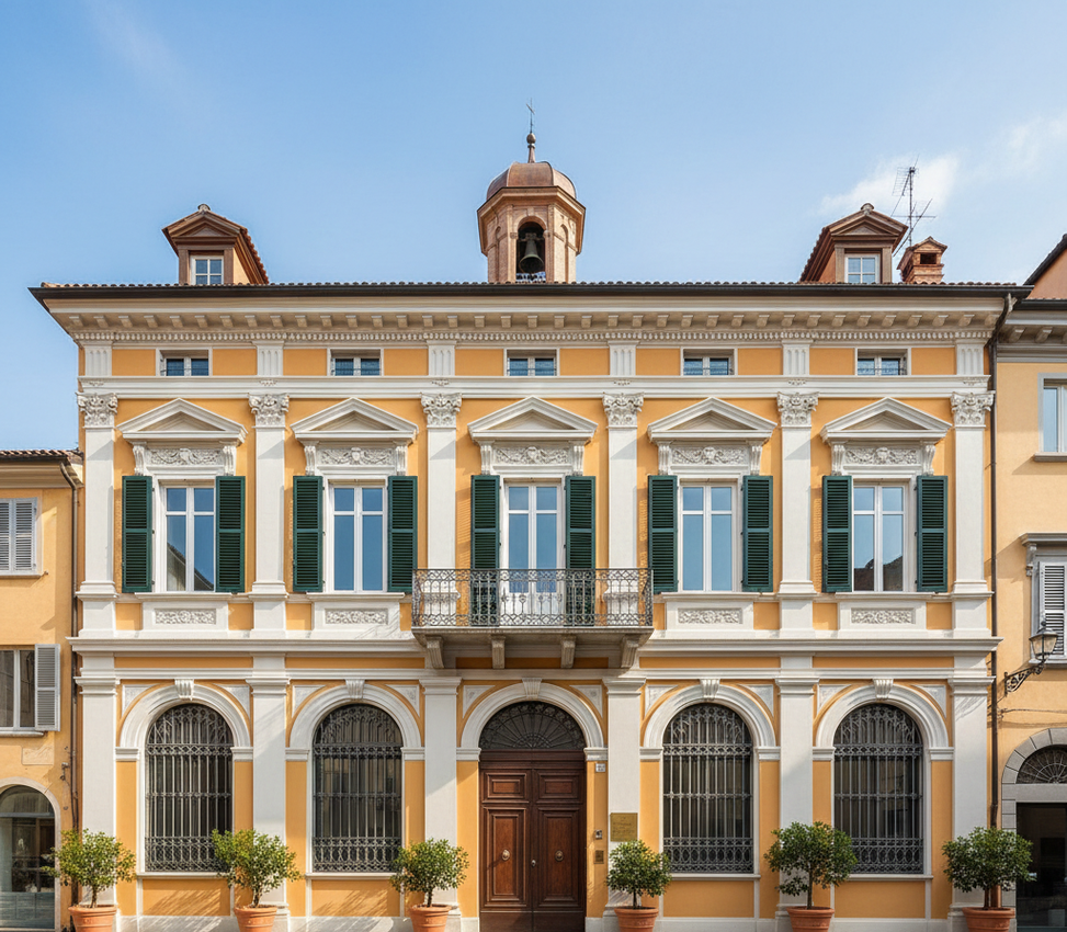 Edificio giallo con rifiniture bianche elaborate e persiane verdi, un balcone centrale e un campanile sotto un cielo azzurro.