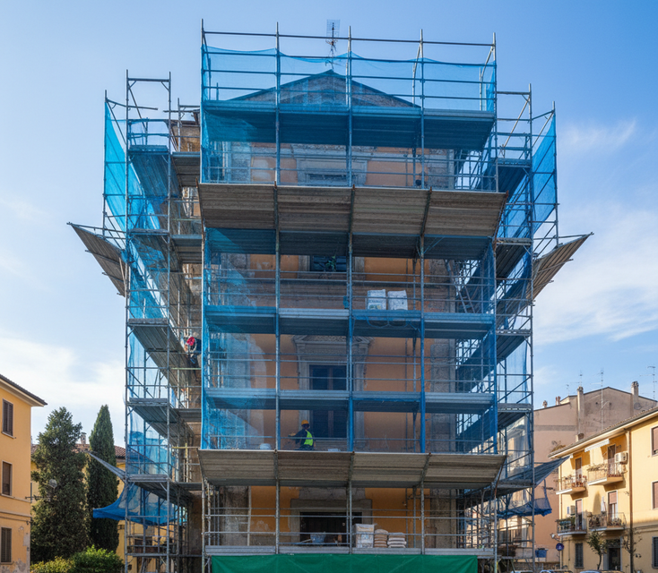 Edificio in fase di ristrutturazione con impalcature e reti di sicurezza blu.