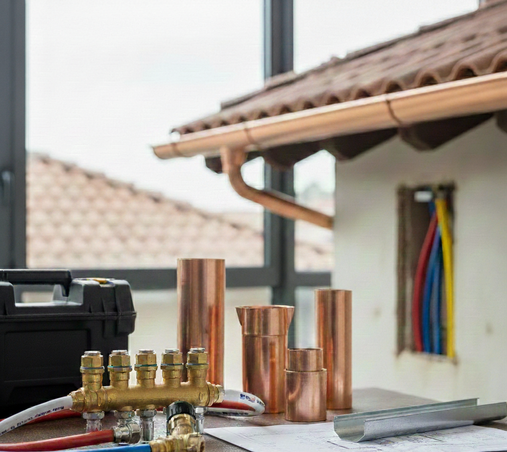 Componenti idraulici in rame su un tavolo davanti a una casa modello e a una finestra.