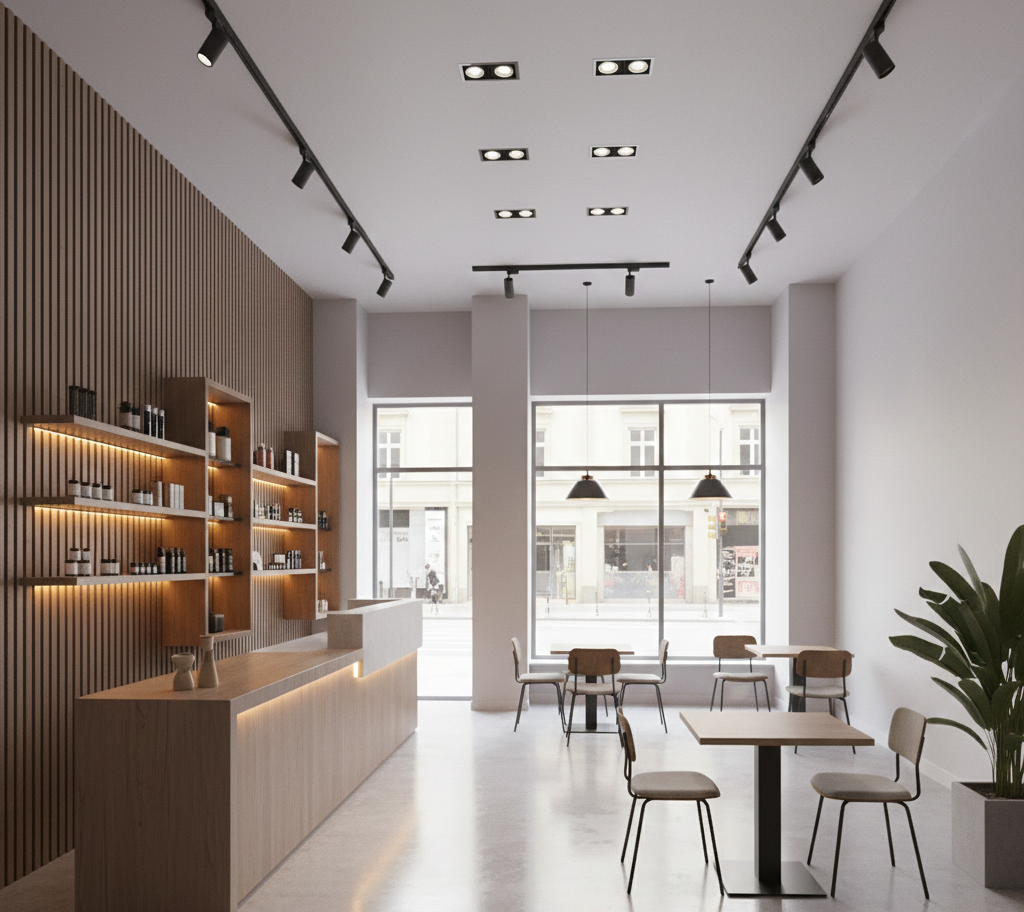 Interni di un bar moderno con dettagli in legno, illuminazione a binario e tavolini vicino a una grande finestra.