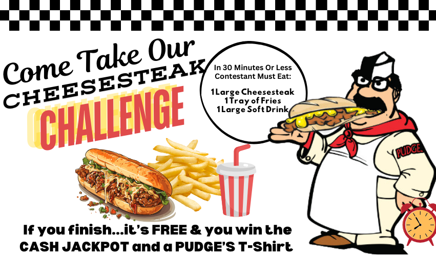 Promotional graphic for a cheesesteak challenge with sandwich, fries, cartoon waiter, and prize details.