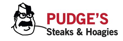 Logo for Pudge’s Steaks & Hoagies with a cartoon face and red text on a white background