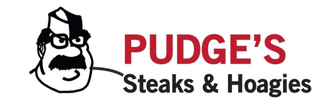 Logo for Pudge’s Steaks & Hoagies with a cartoon face and red text on a white background