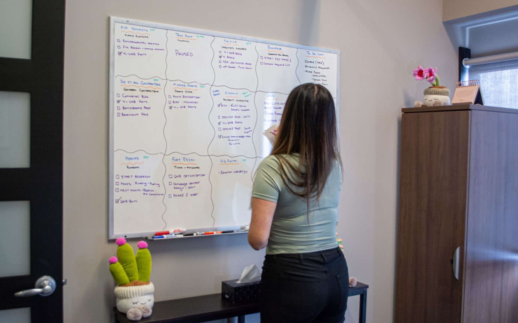 Woman writing on whiteboard