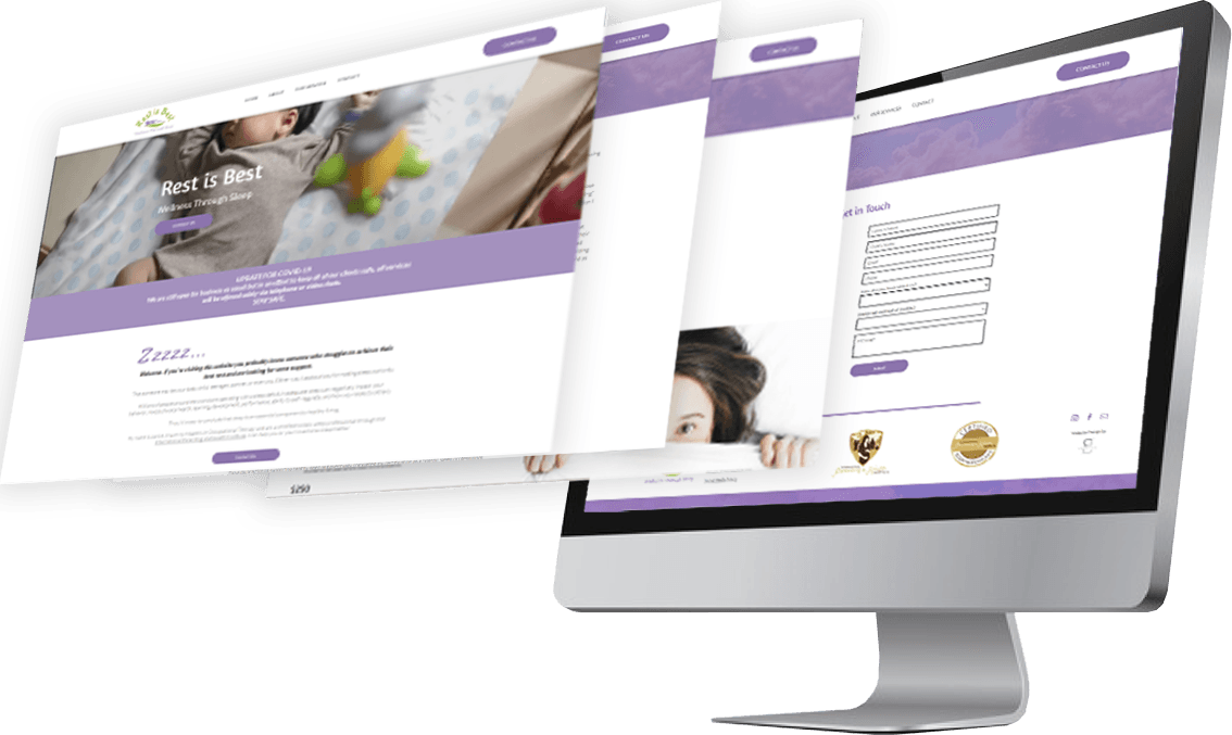 Desktop monitor displaying layered website mockups with a purple header and white layout