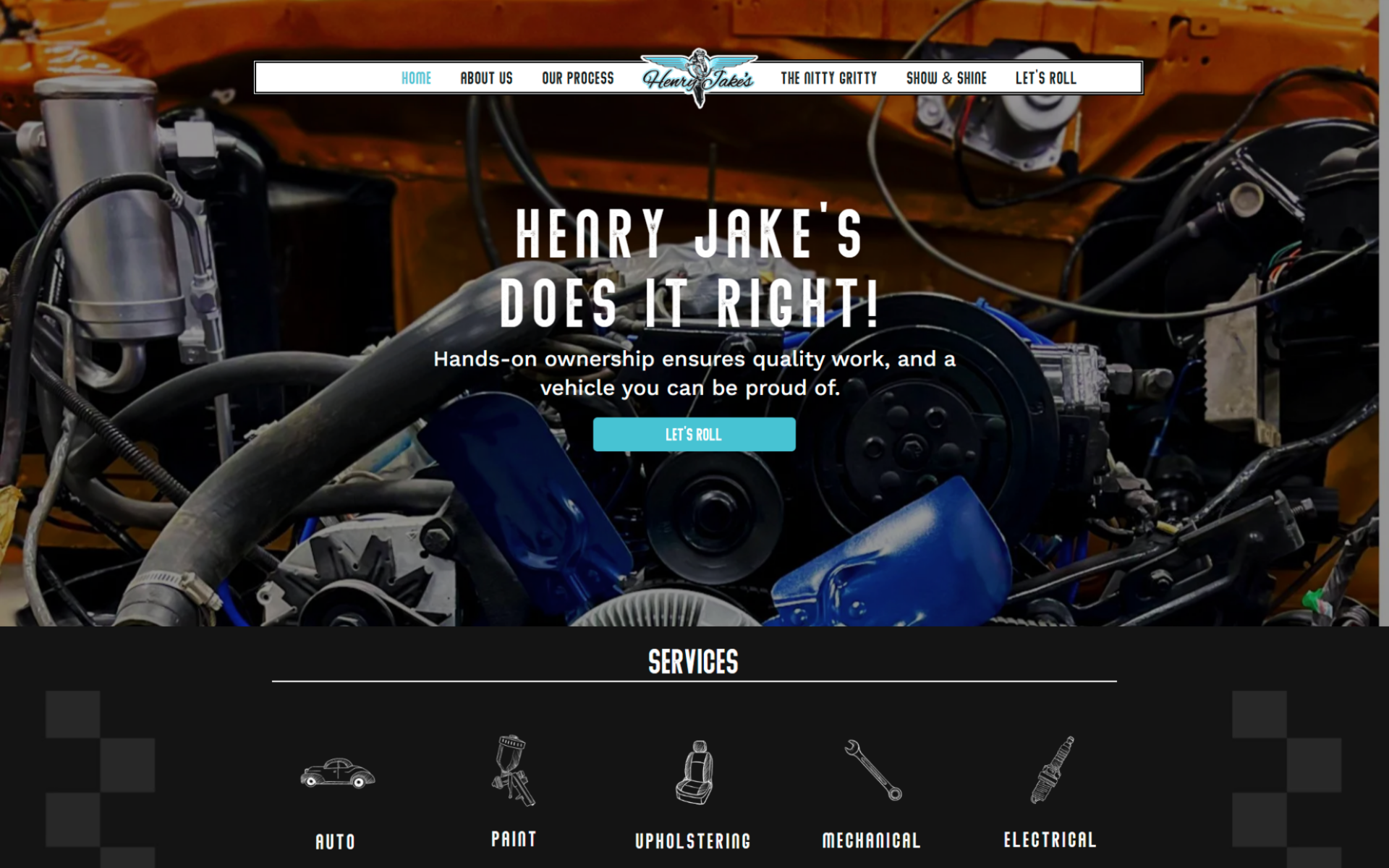 Auto repair shop website hero with engine close-up and “Henry Jake’s Does It Right” headline
