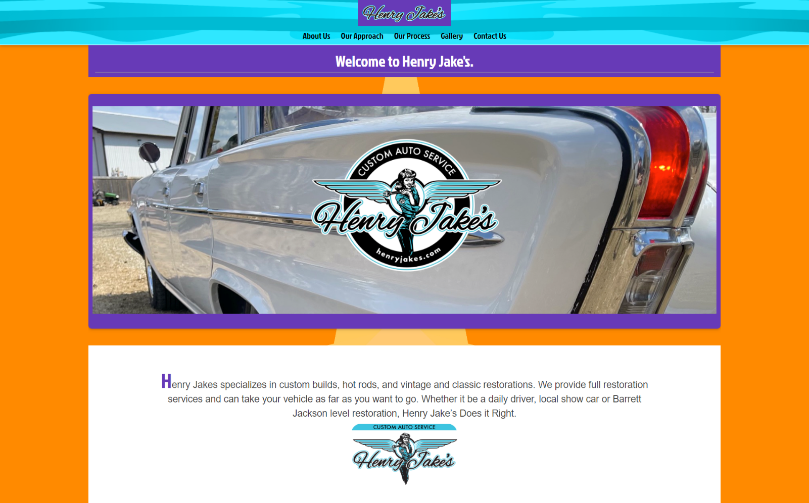 Car logo on a chrome vehicle panel with purple and orange header and footer website design