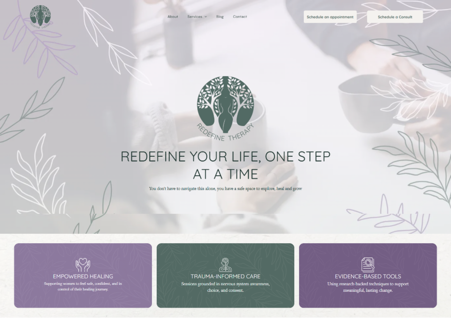 Spa/wellness website homepage with pastel leaves, logo, and the headline “Redefine your life, one step at a time”