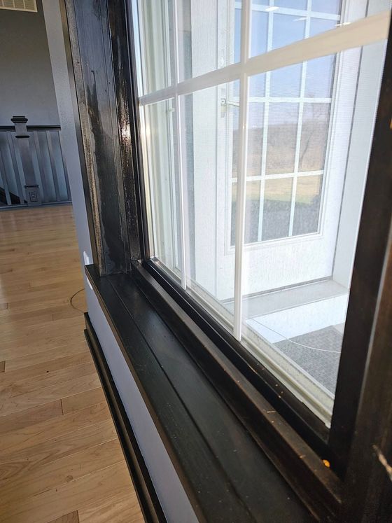 A close up of a window with a black frame in a room.
