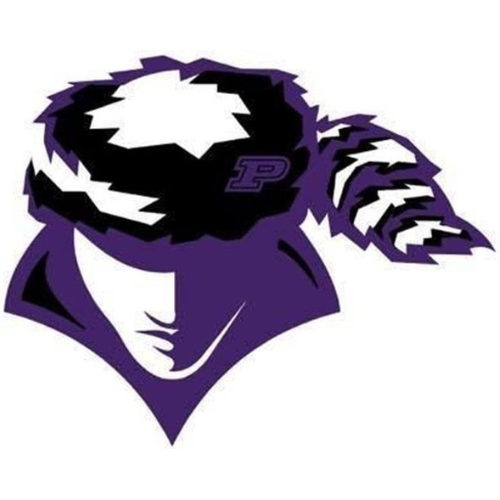 A stylized purple and black logo of a person wearing a coonskin cap with a