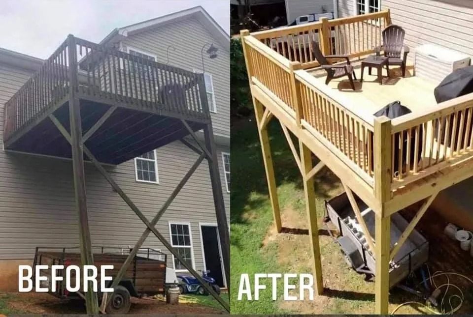 A before-and-after comparison of a house deck renovation showing the transition from dark, weathered wood to light wood.