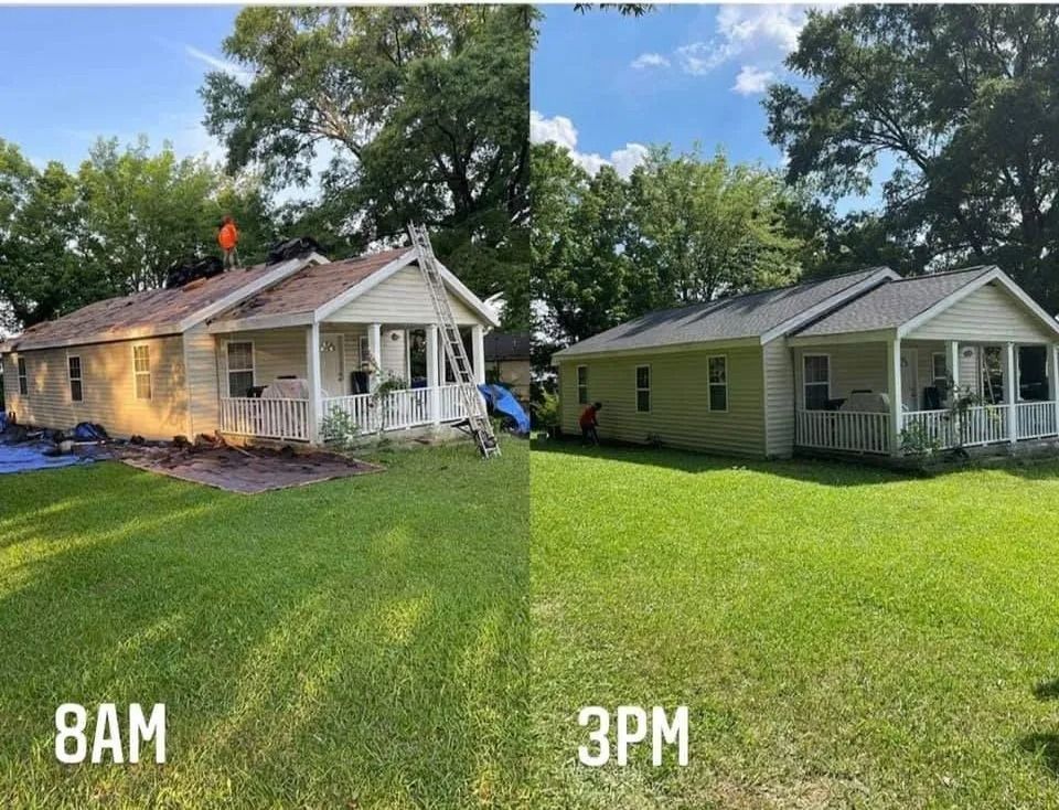 Before and after comparison showing a roof replacement on a small house, completed between 8 AM and 3 PM.
