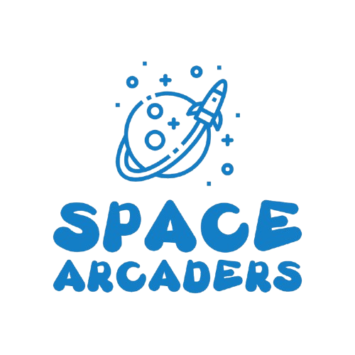 Blue logo with rocket launching from planet, 