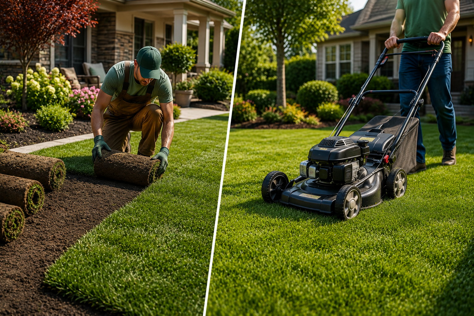 Split view of lawn care: laying sod on the left and mowing a green lawn on the right.