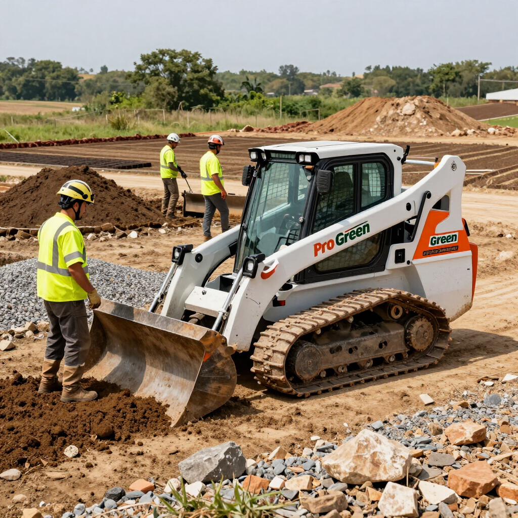 Small white skid-steer loader moving dirt on a construction site with workers in yellow safety vests nearby