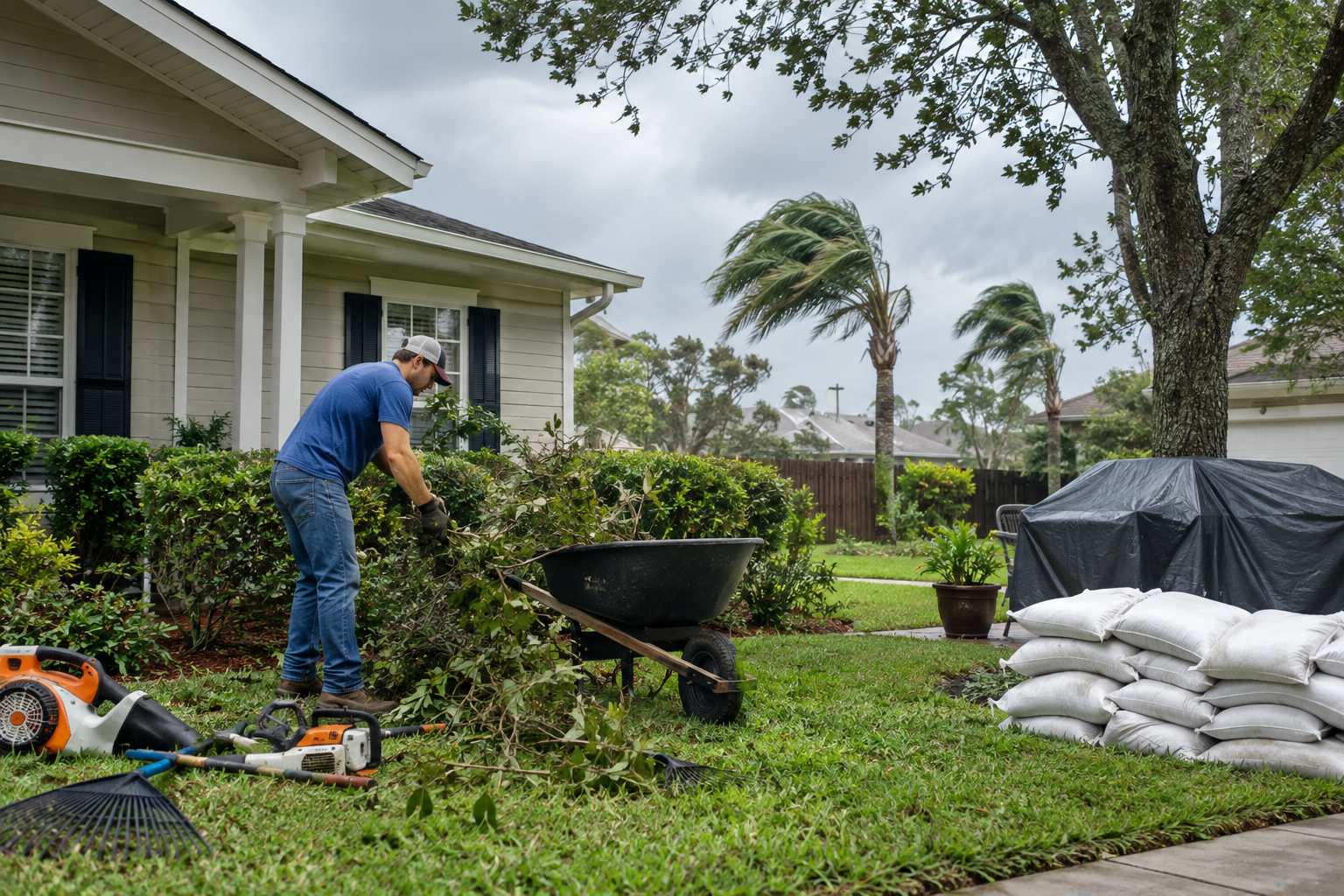 Worker in blue shirt using a wheelbarrow in a yard beside a house, with sandbags and a covered object nearby.