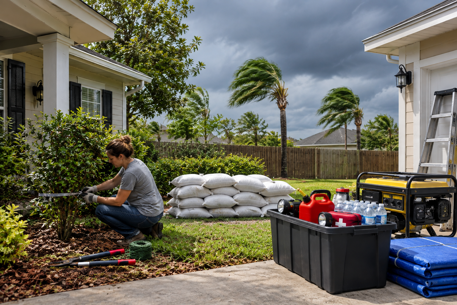 Worker stacking sandbags beside houses with tools and supplies after storm damage.