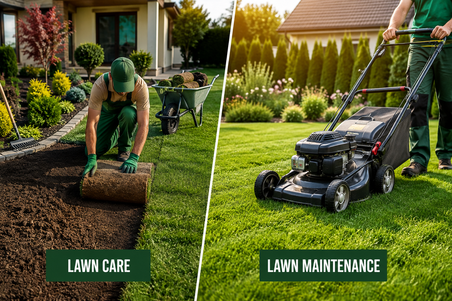 Split-screen lawn care and lawn maintenance: worker laying sod beside a mower on a green yard