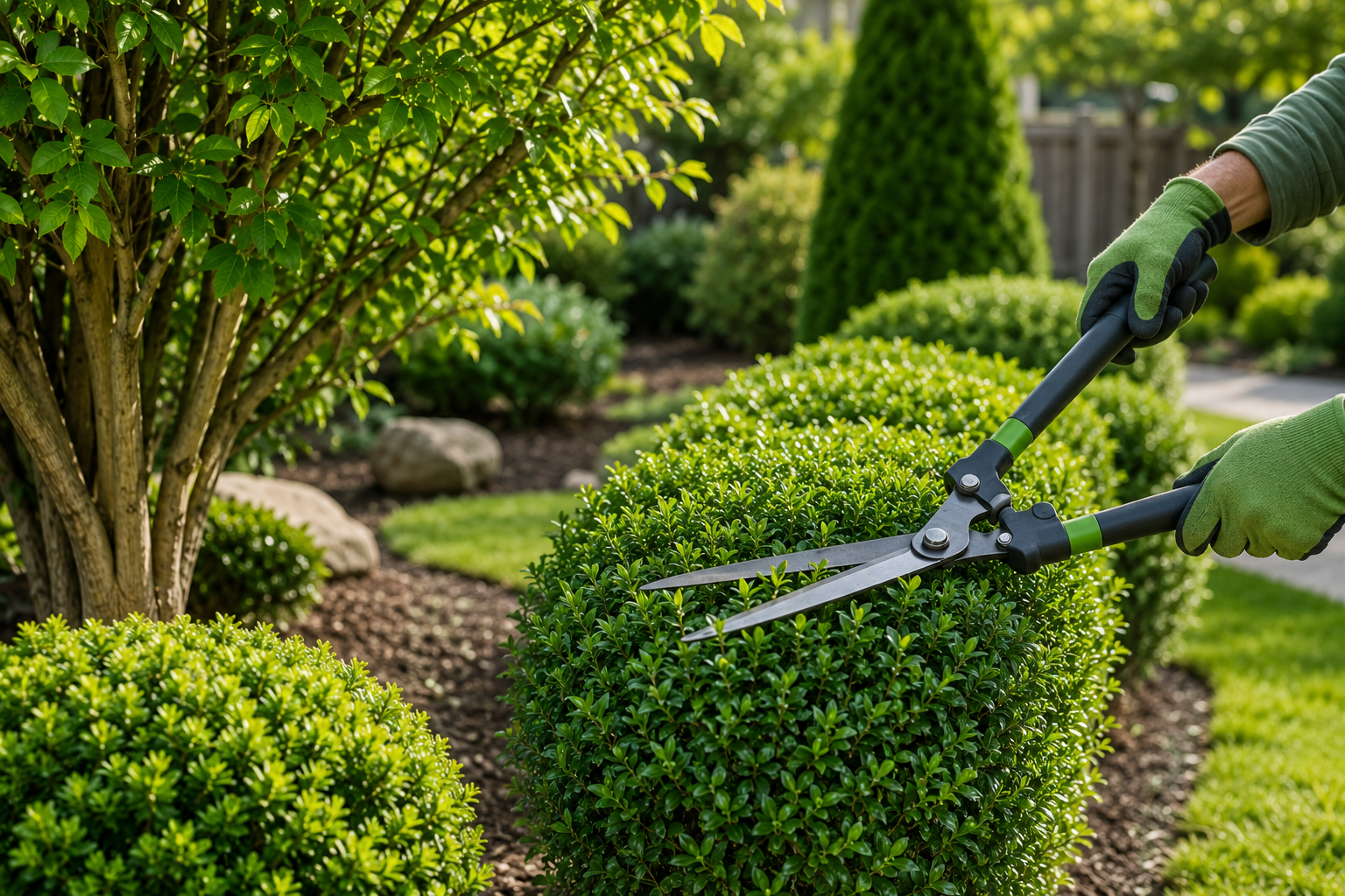 Gardener trimming a green shrub with hedge shears in a landscaped garden