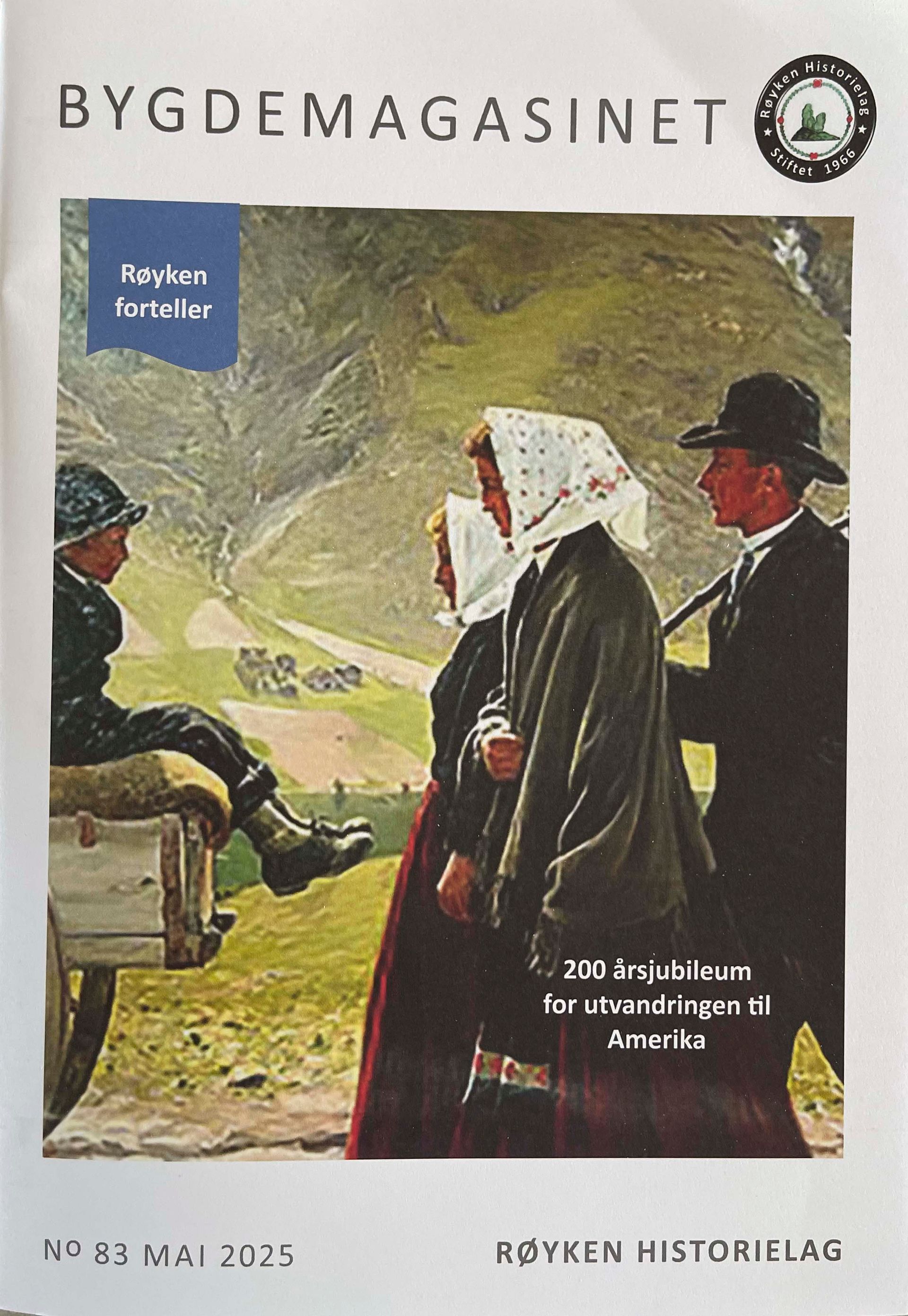 Magasinforside: Maleri av folk som går på en vei, med fjell i bakgrunnen. Tekst: Bygdemagasinet.