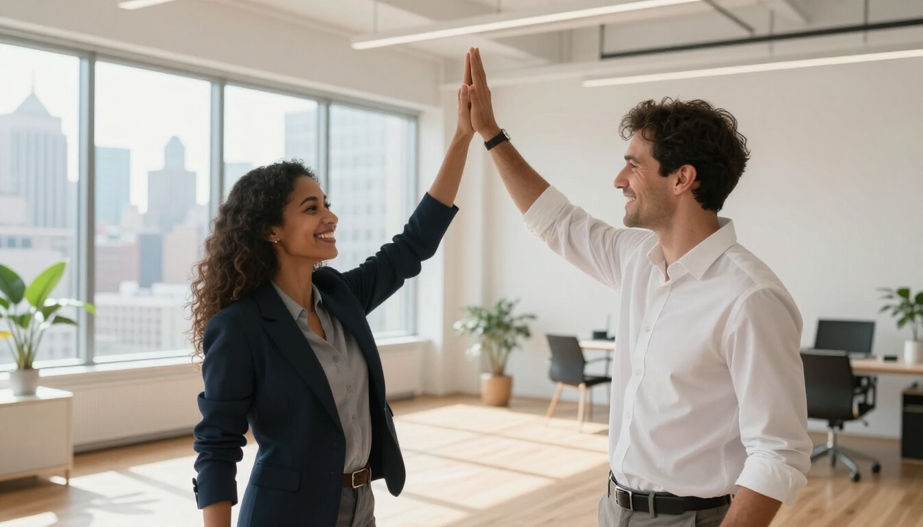 Professional designer high-fiving a happy small business owner