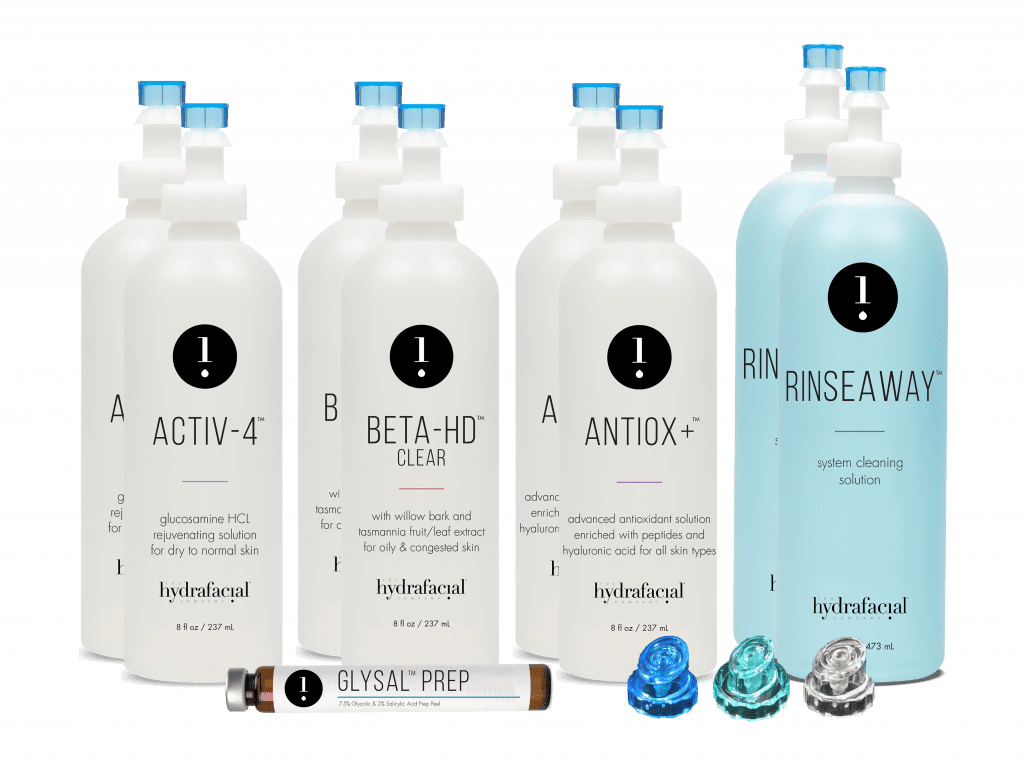 A group of hydrafacial product bottles at Results Skincare Studio in Fort Myers