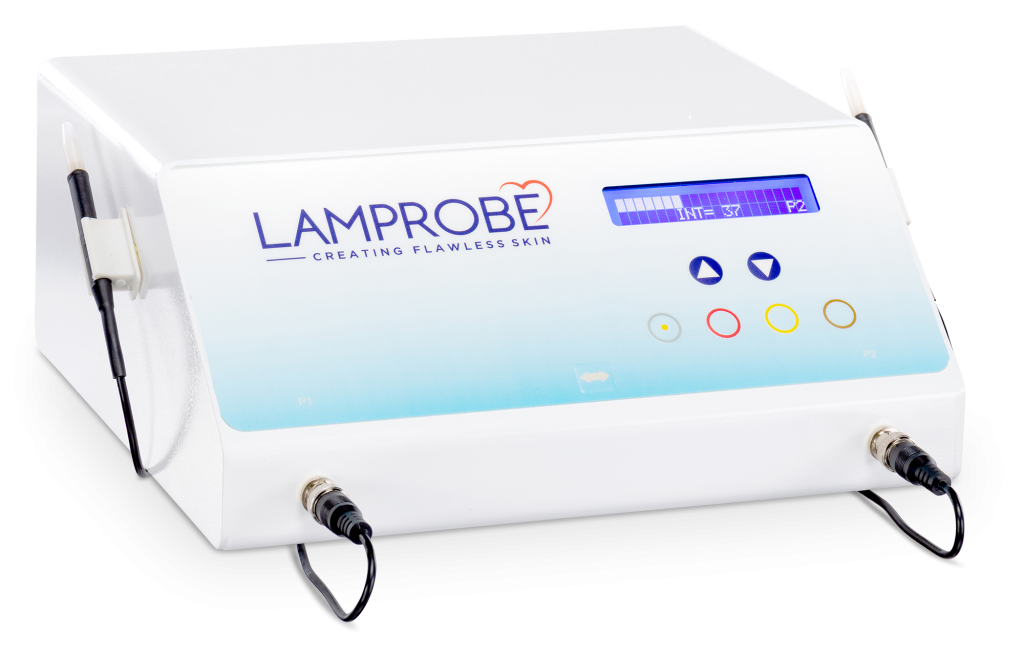 A lamprobe device is sitting on a white surface at Results Skincare Studio in Fort