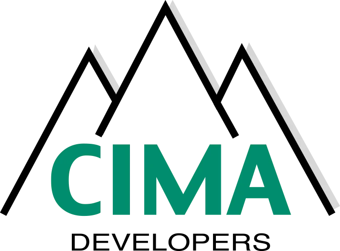 Logo for CIMA Developers featuring a teal "CIMA" below a black mountain range graphic. "DEVELOPERS" is in black text below.