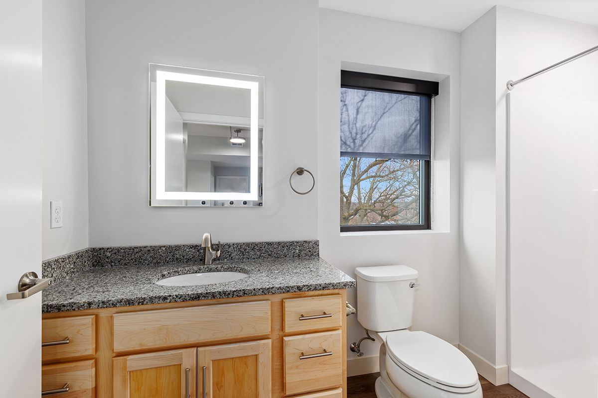 Modern bathroom with granite vanity, mirror, toilet, and shower beside a window.