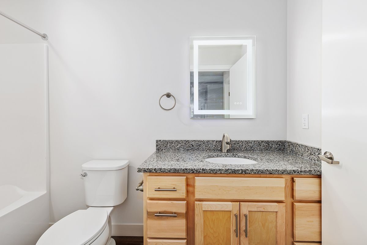 Bright bathroom vanity with granite countertop, wood cabinet, mirror, toilet, and tub on the left.