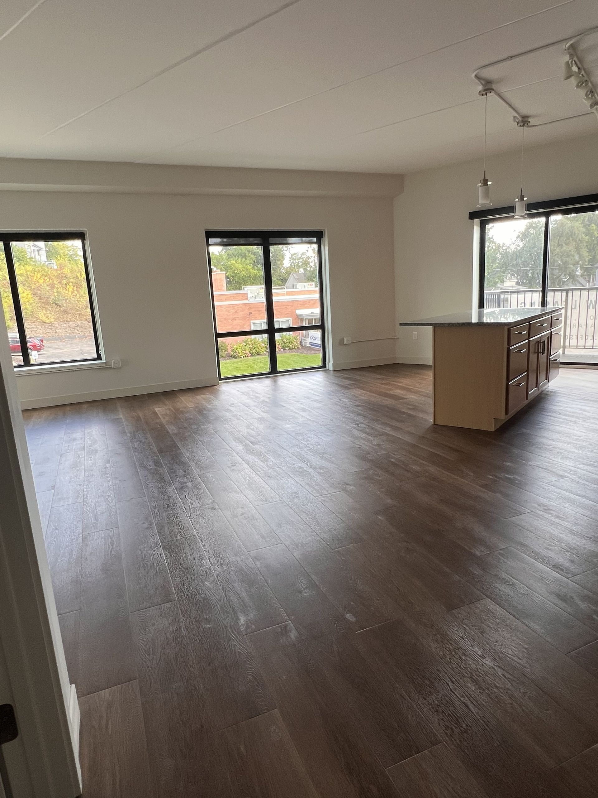 Empty modern room with wood floors, large windows, and a kitchen island near the back wall