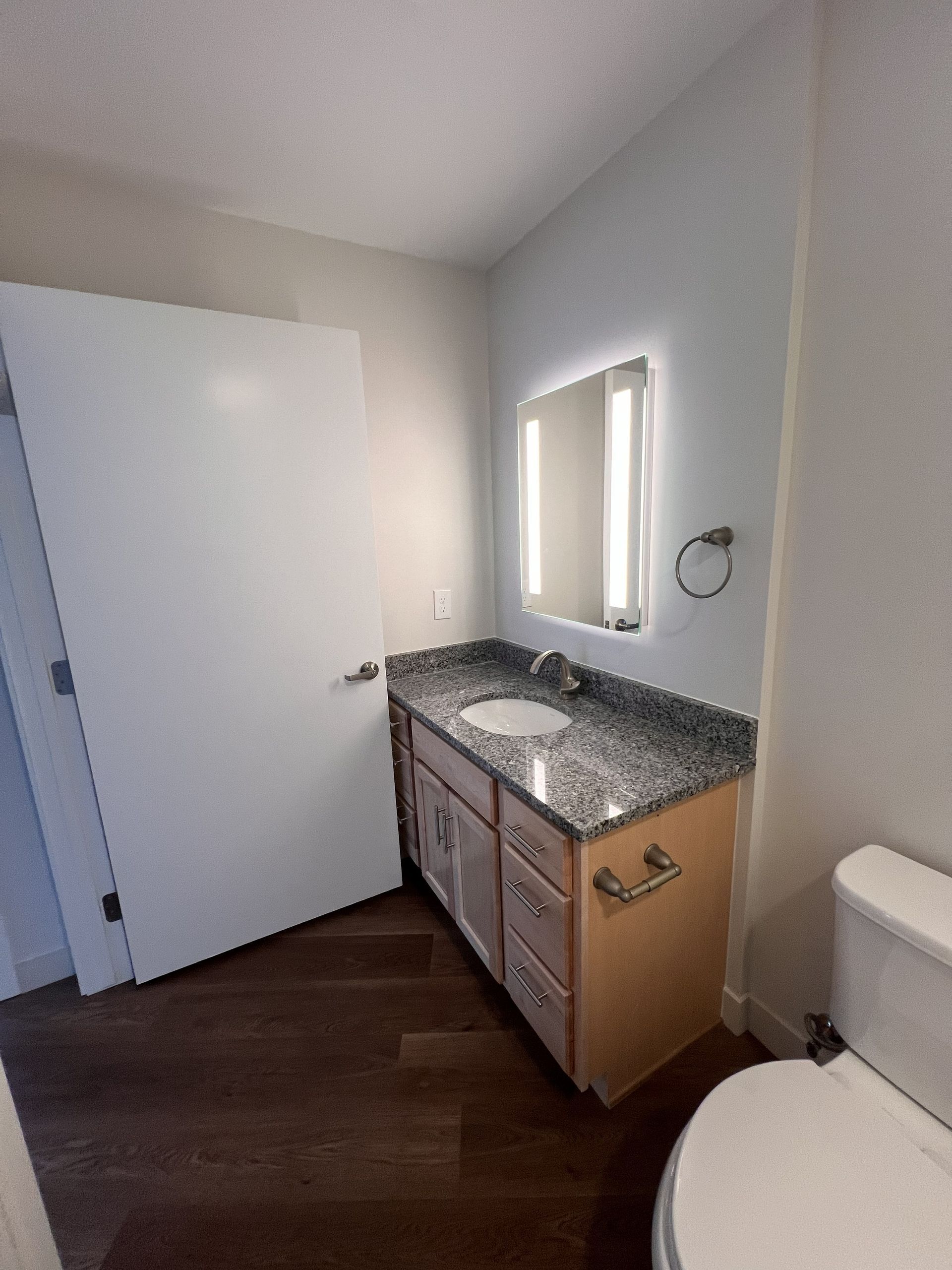 Small bathroom with vanity, mirror, white door, dark wood floor, and toilet visible on the right.