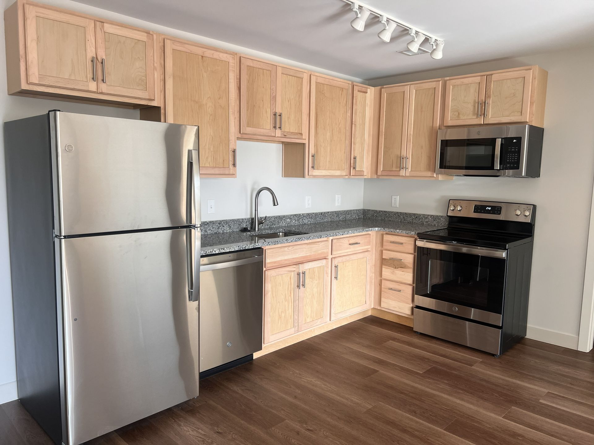Modern kitchen with stainless steel appliances, light wood cabinets, and dark hardwood floors