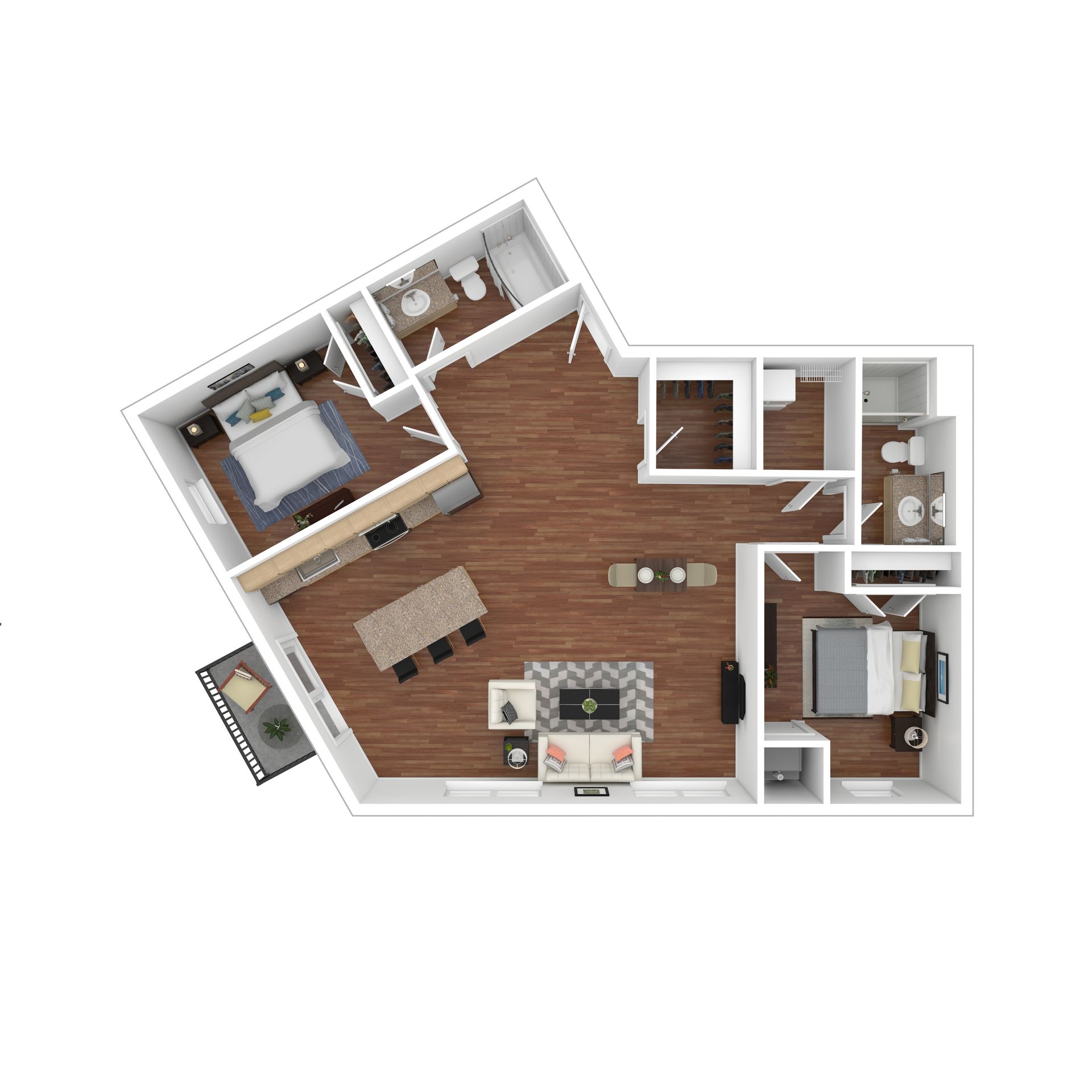 3D floor plan of a small apartment with wood floors, two bedrooms, kitchen, bathroom, and living area