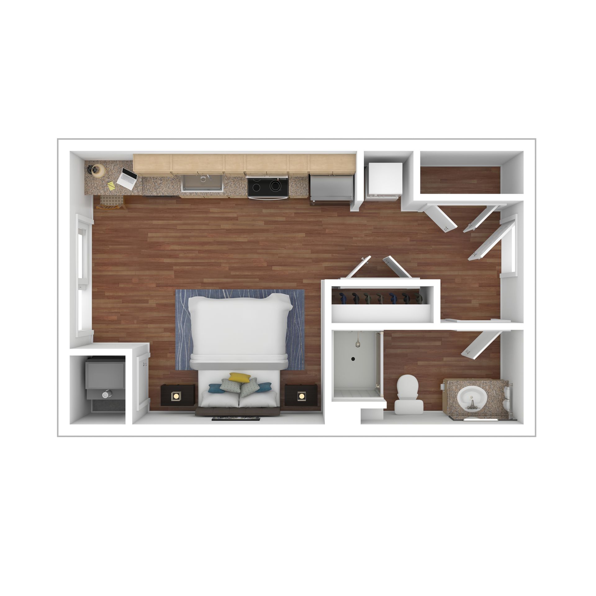 Top-down floor plan of a small studio apartment with bed, kitchen, bathroom, and wood flooring.