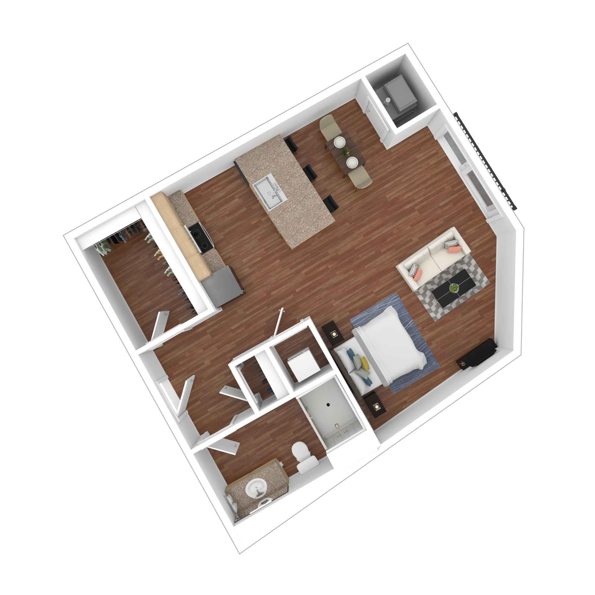 Top-down 3D floor plan of a small apartment with wood floors, bedroom, kitchen, bath, and living area