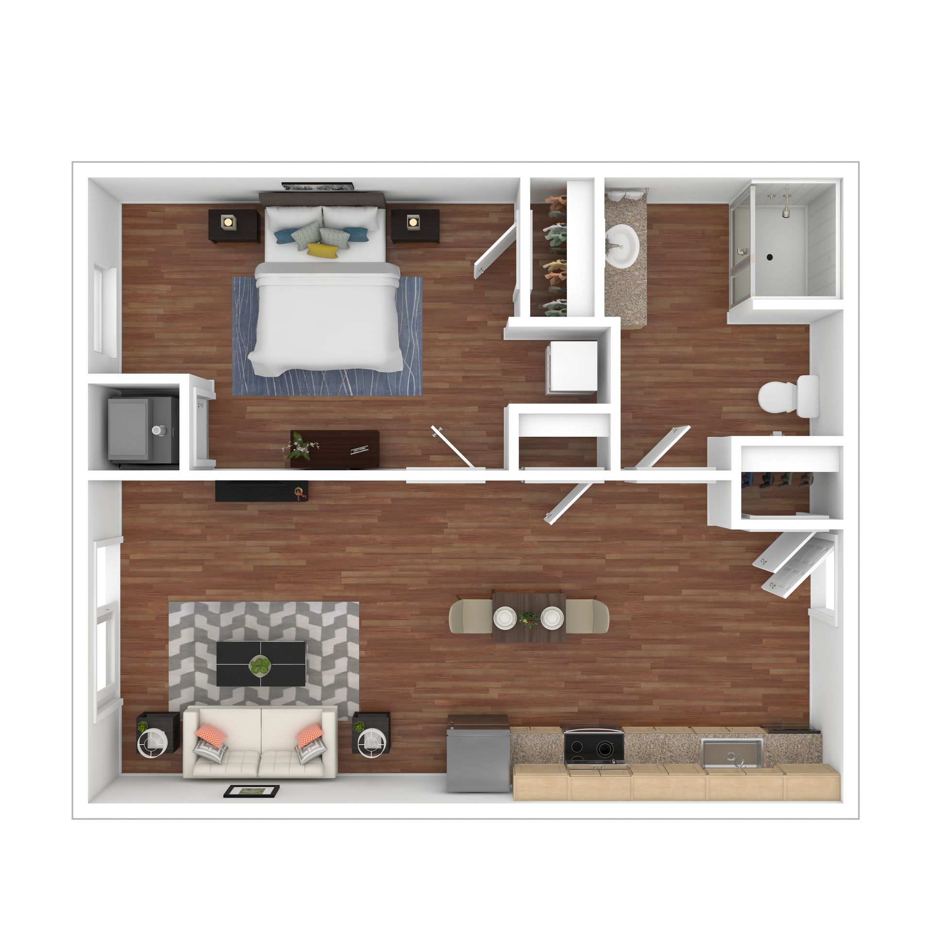 Top-down floor plan of a small apartment with bedroom, bathroom, kitchen, and living room.