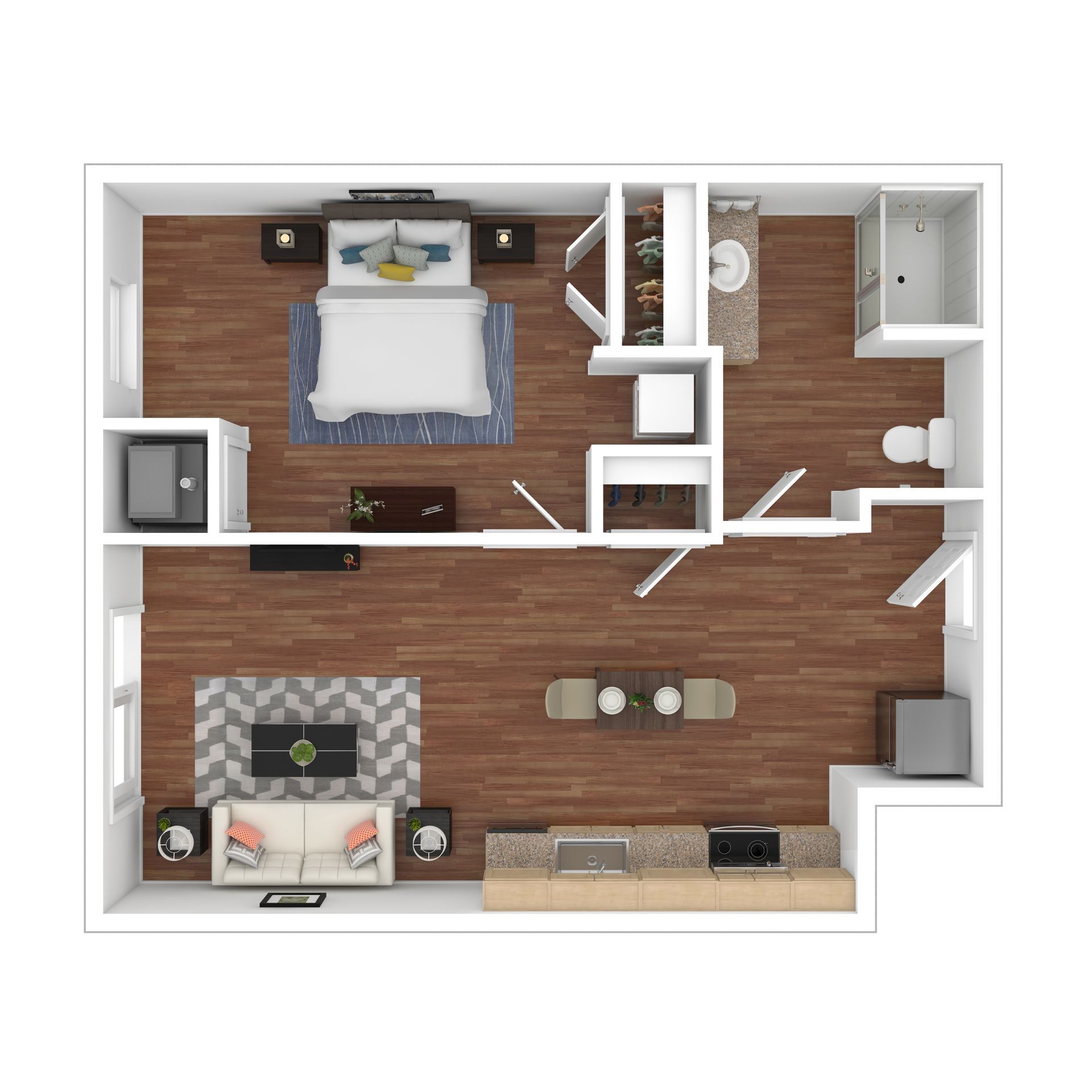 Top-down floor plan of a compact apartment with bedroom, bathroom, living room, and kitchen/dining area.