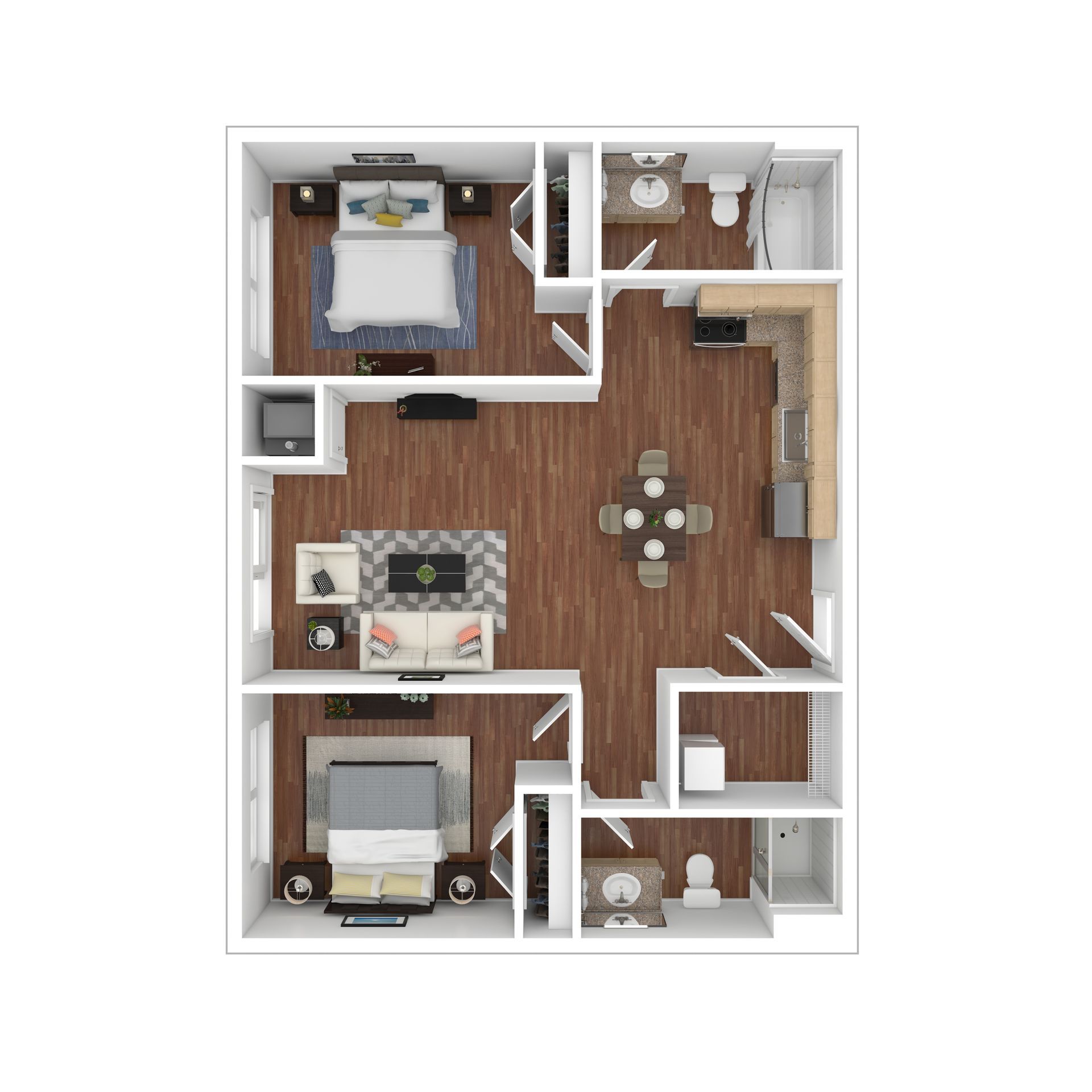Top-down floor plan of a 2-bedroom apartment with wood floors, kitchen, living area, dining table, and bathrooms