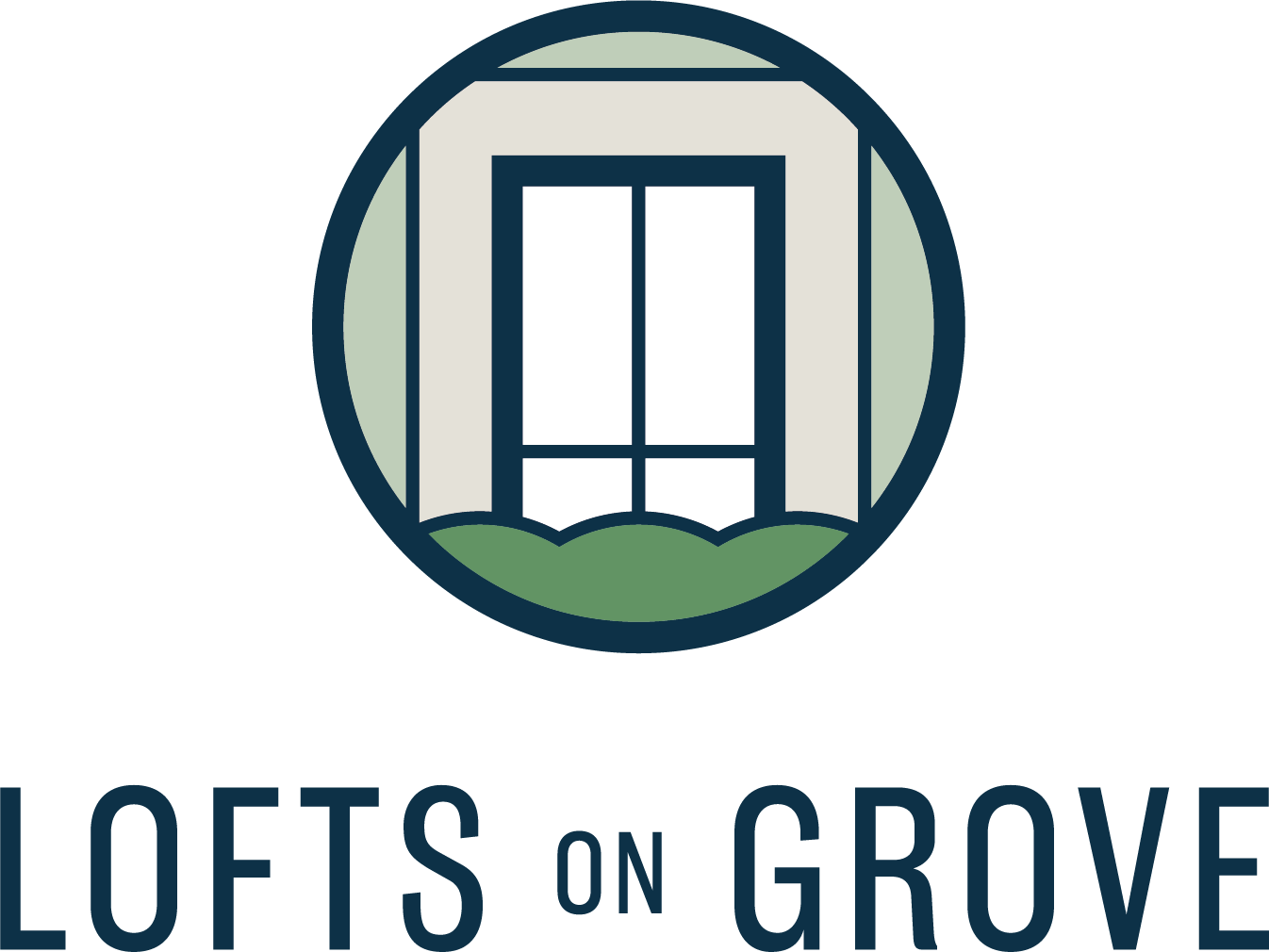 Lofts on Grove logo with stylized window and green hills in a circle