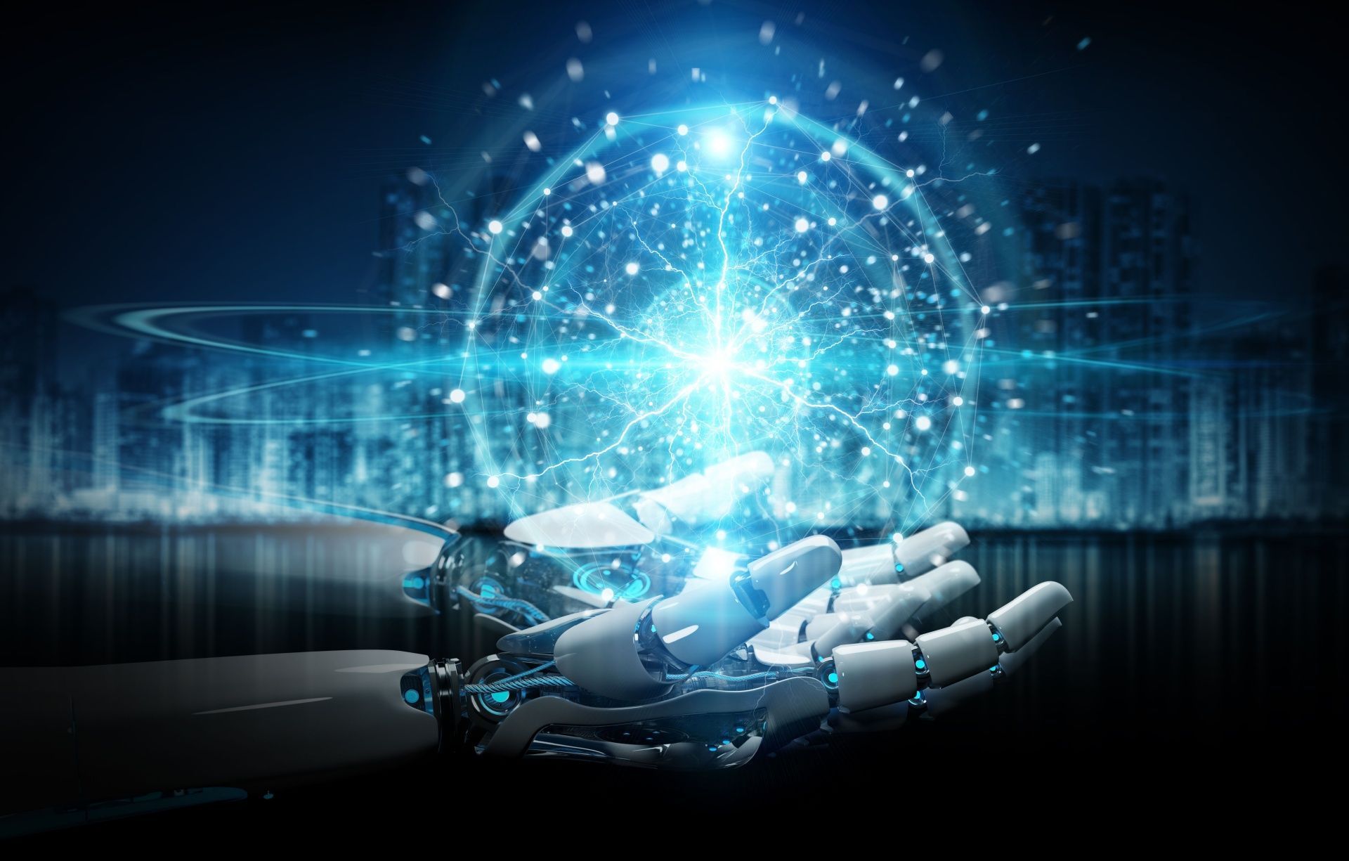Robotic hand holding glowing blue digital network globe with futuristic city backdrop